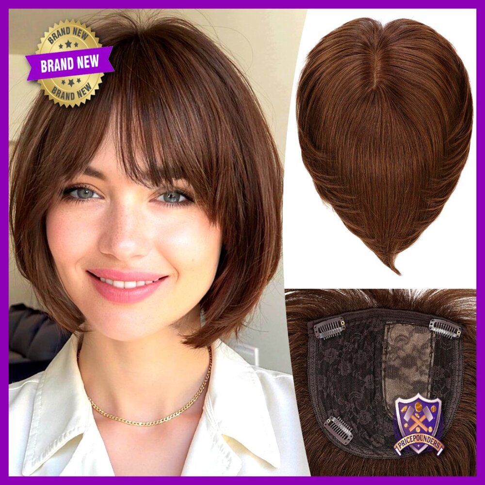 Human Hair Topper Silk Base Clip-In Short Bob With Bangs Thinning Solution